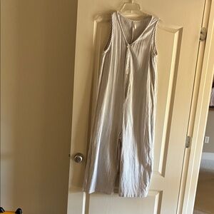 Rylee + Cru Beige and White Striped Jumpsuit